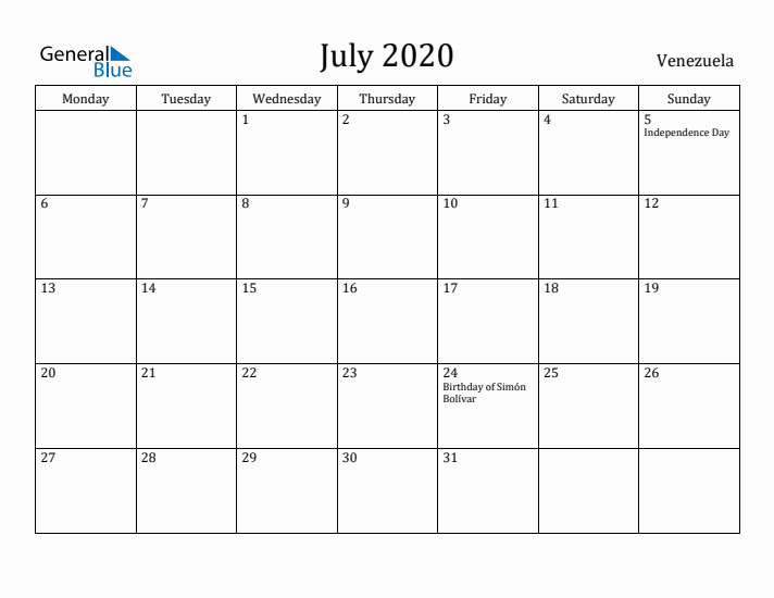 July 2020 Calendar Venezuela