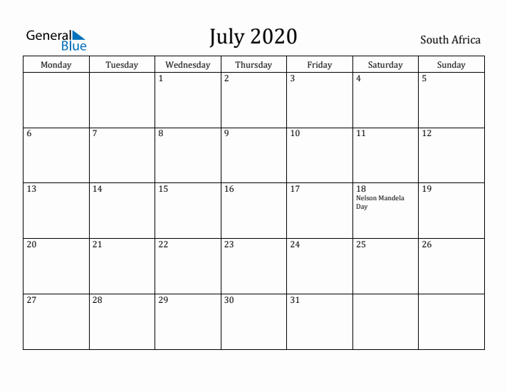 July 2020 Calendar South Africa