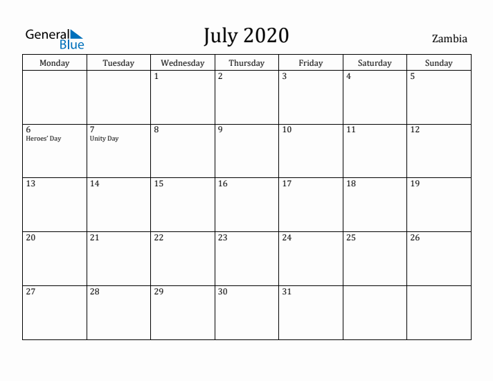 July 2020 Calendar Zambia
