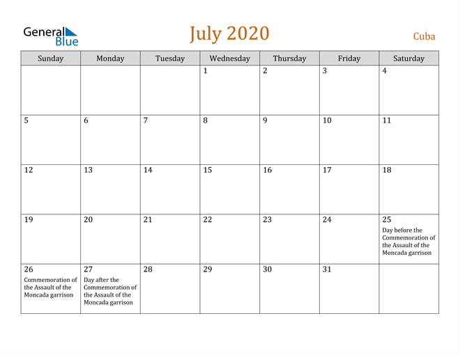 July 2020 Holiday Calendar