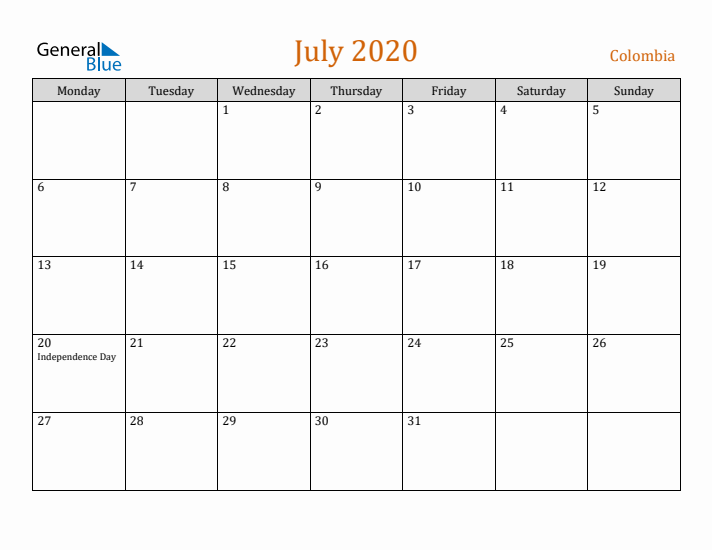 July 2020 Holiday Calendar with Monday Start