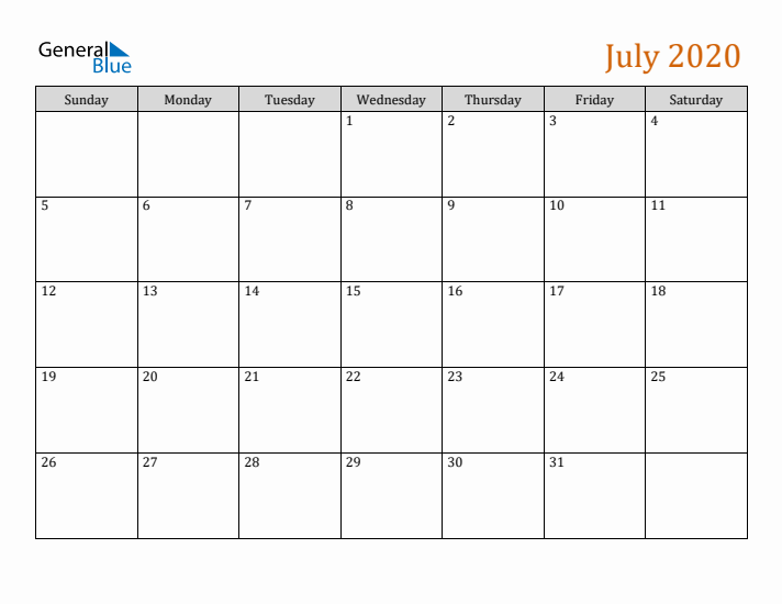 Editable July 2020 Calendar