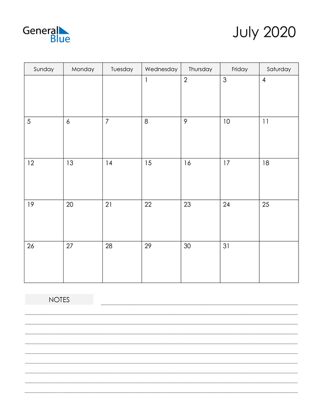  Printable Calendar with Notes - July 2020