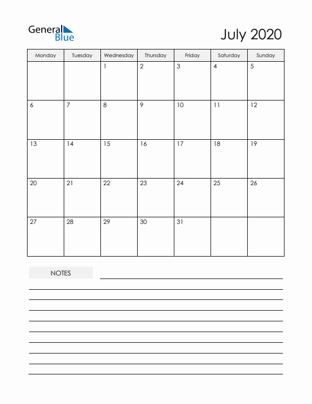 Printable Calendar with Notes - July 2020 