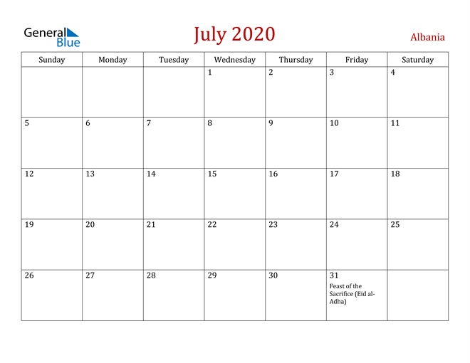 Albania July 2020 Calendar