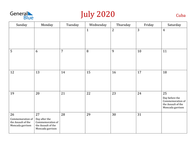 Cuba July 2020 Calendar