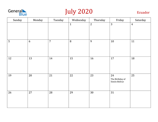 Ecuador July 2020 Calendar