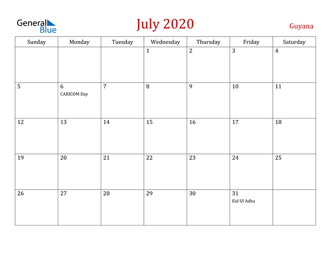 Guyana July 2020 Calendar