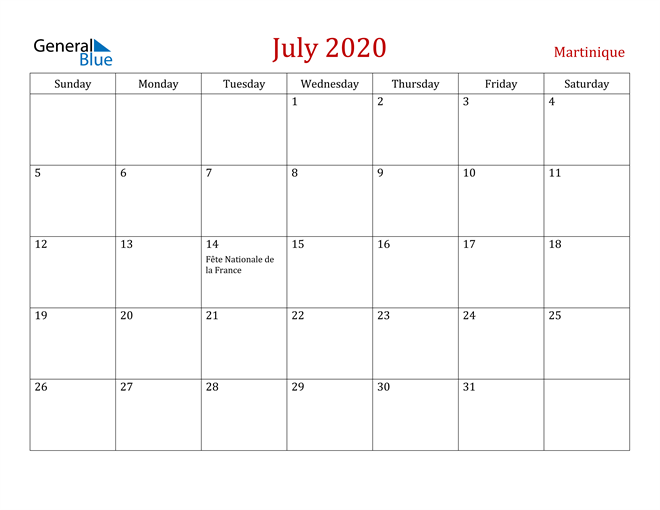 Martinique July 2020 Calendar