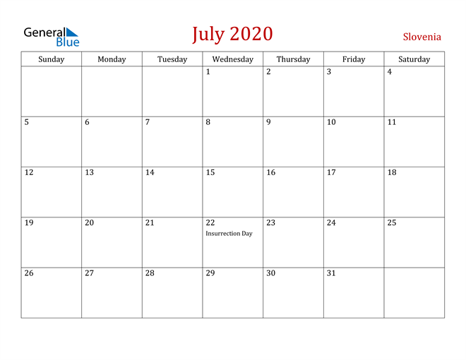 Slovenia July 2020 Calendar