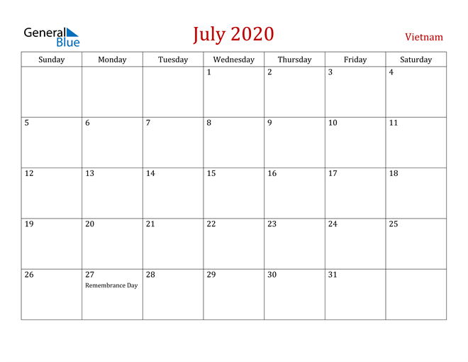 Vietnam July 2020 Calendar