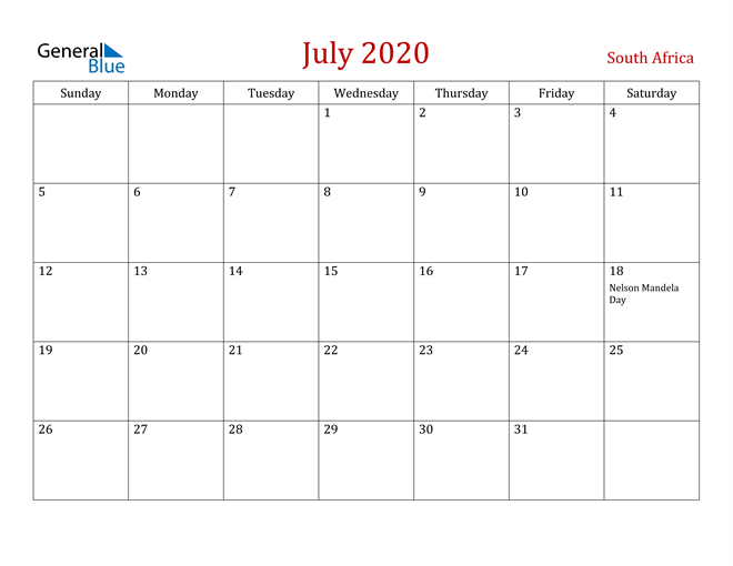 South Africa July 2020 Calendar