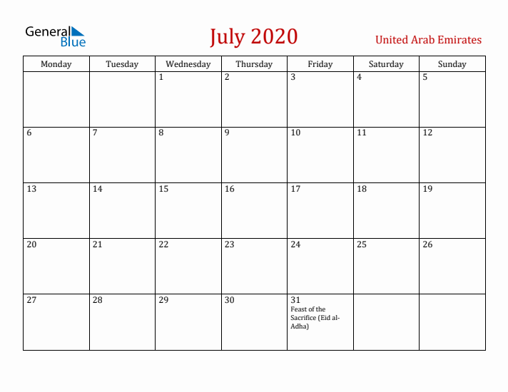 United Arab Emirates July 2020 Calendar - Monday Start