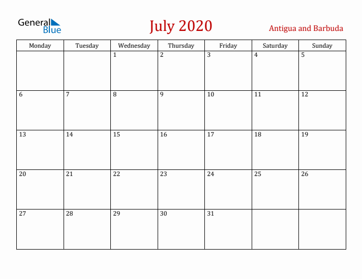 Antigua and Barbuda July 2020 Calendar - Monday Start