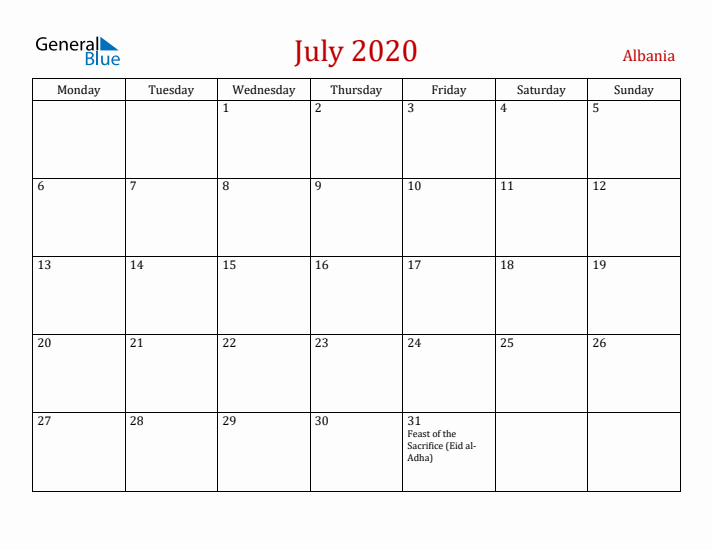 Albania July 2020 Calendar - Monday Start