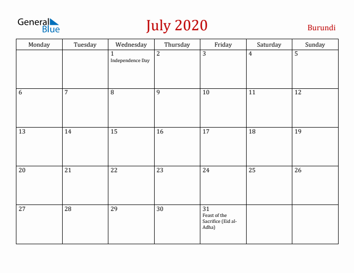 Burundi July 2020 Calendar - Monday Start