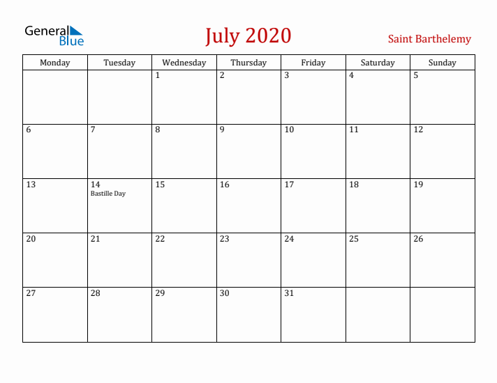 Saint Barthelemy July 2020 Calendar - Monday Start