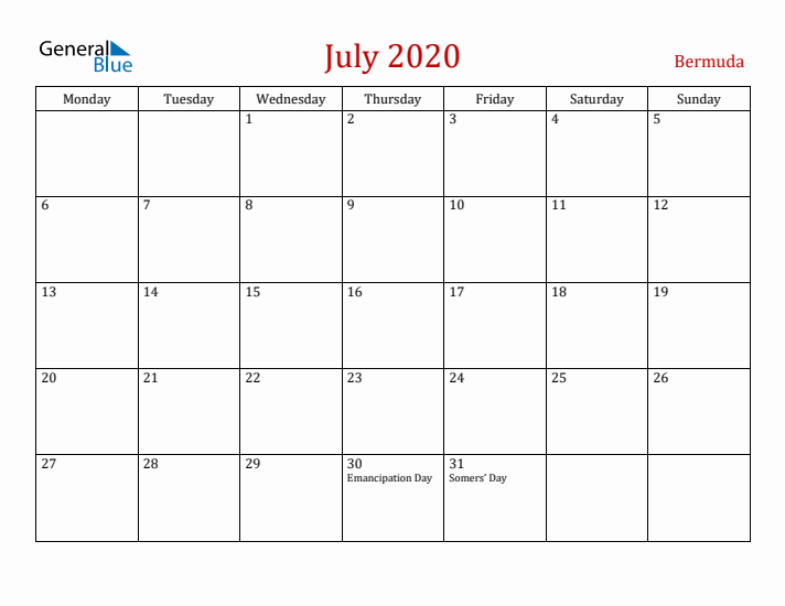 Bermuda July 2020 Calendar - Monday Start