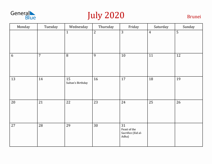 Brunei July 2020 Calendar - Monday Start