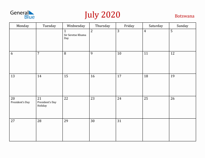 Botswana July 2020 Calendar - Monday Start