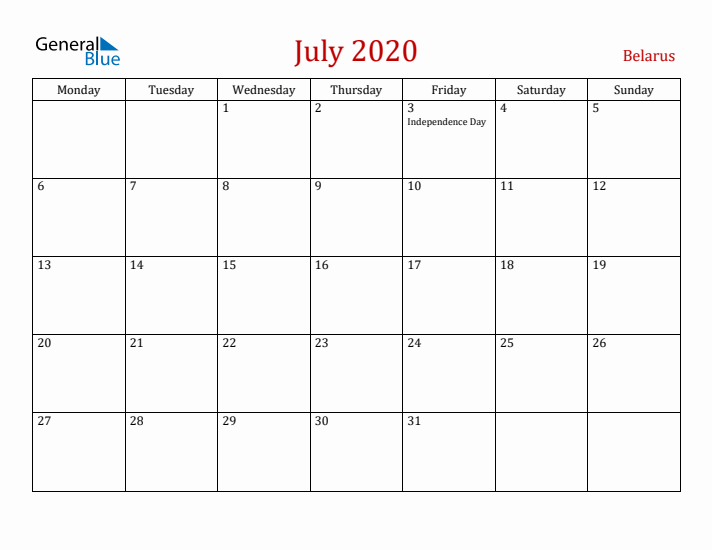 Belarus July 2020 Calendar - Monday Start