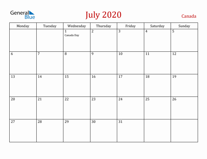 Canada July 2020 Calendar - Monday Start