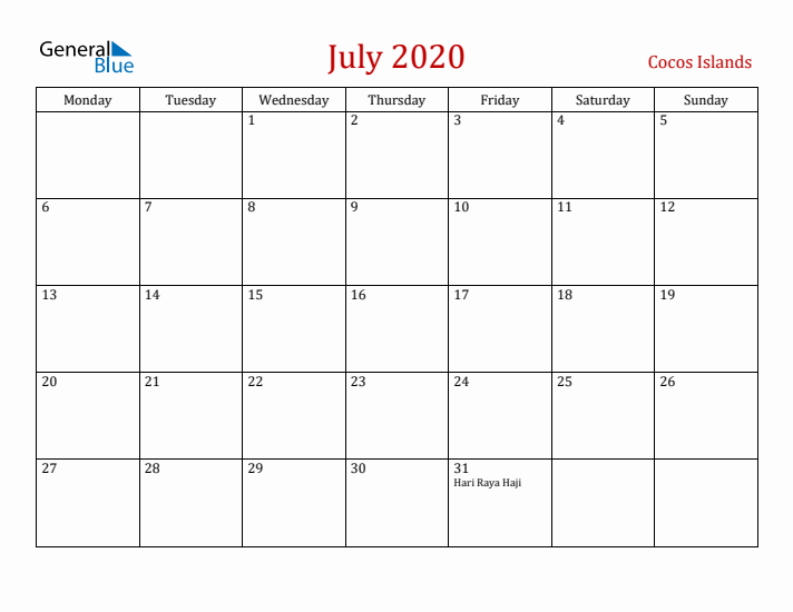 Cocos Islands July 2020 Calendar - Monday Start