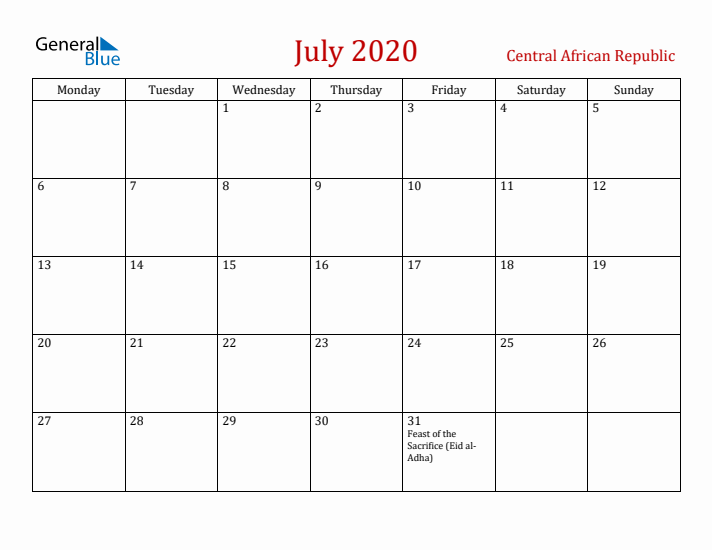 Central African Republic July 2020 Calendar - Monday Start