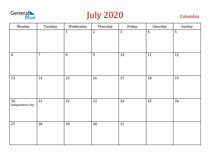 Colombia July 2020 Calendar - Monday Start