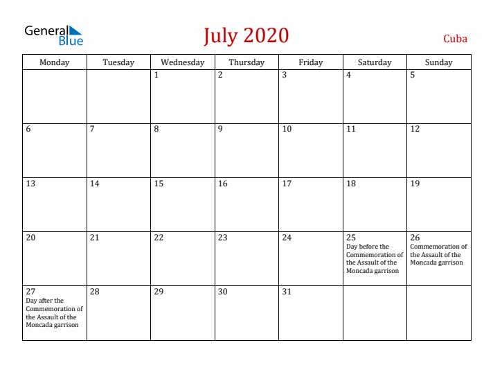 Cuba July 2020 Calendar - Monday Start