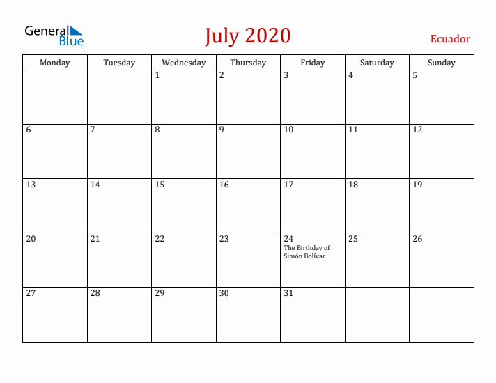 Ecuador July 2020 Calendar - Monday Start