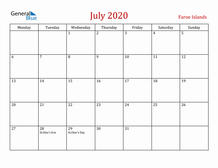 Faroe Islands July 2020 Calendar - Monday Start