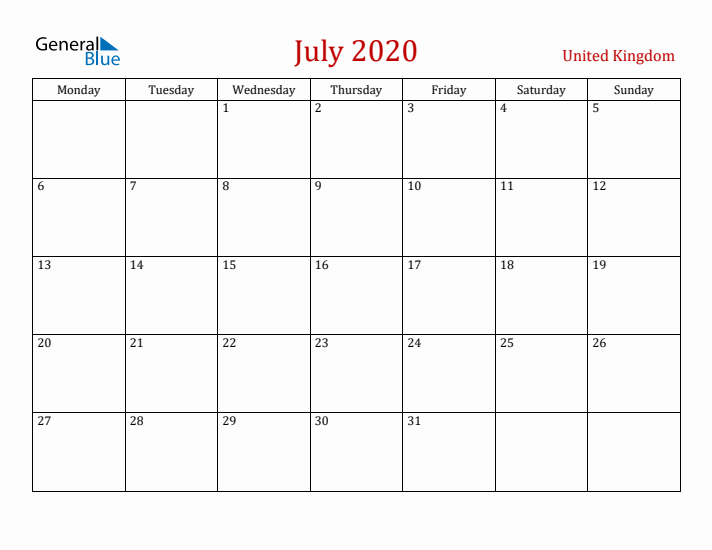 United Kingdom July 2020 Calendar - Monday Start