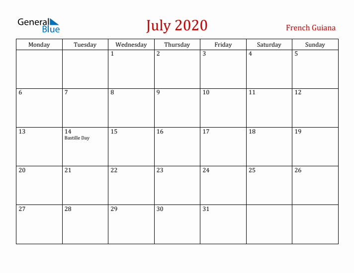 French Guiana July 2020 Calendar - Monday Start
