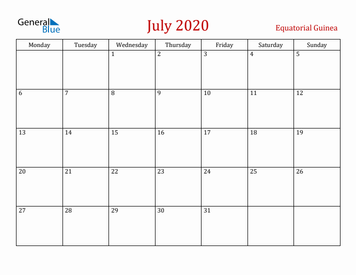 Equatorial Guinea July 2020 Calendar - Monday Start