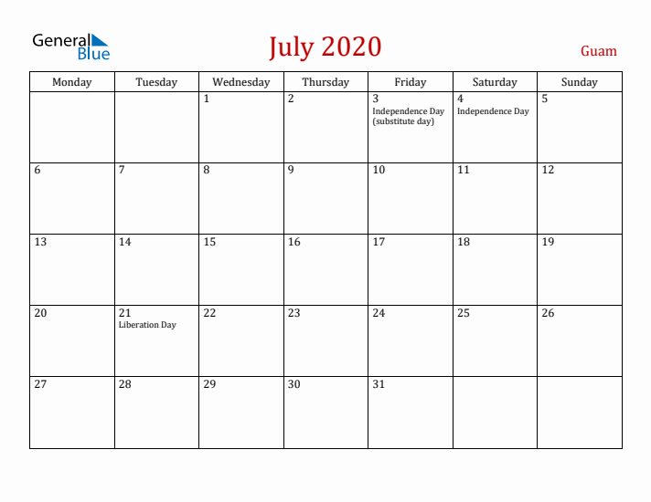 Guam July 2020 Calendar - Monday Start