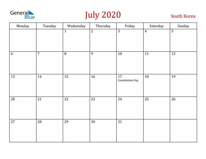 South Korea July 2020 Calendar - Monday Start