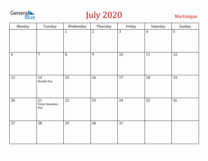 Martinique July 2020 Calendar - Monday Start