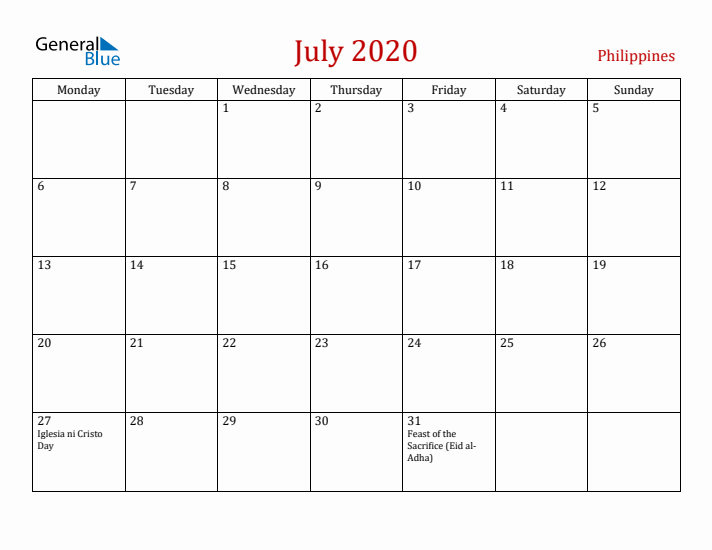 Philippines July 2020 Calendar - Monday Start