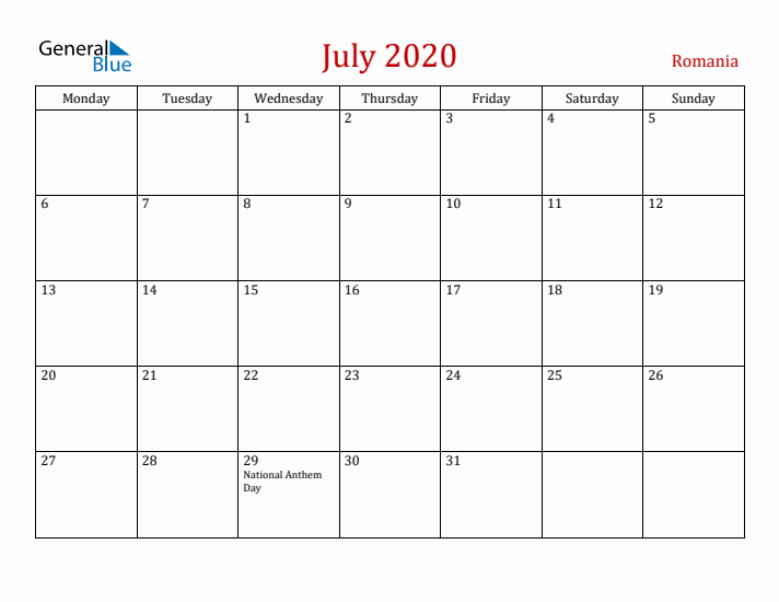 Romania July 2020 Calendar - Monday Start