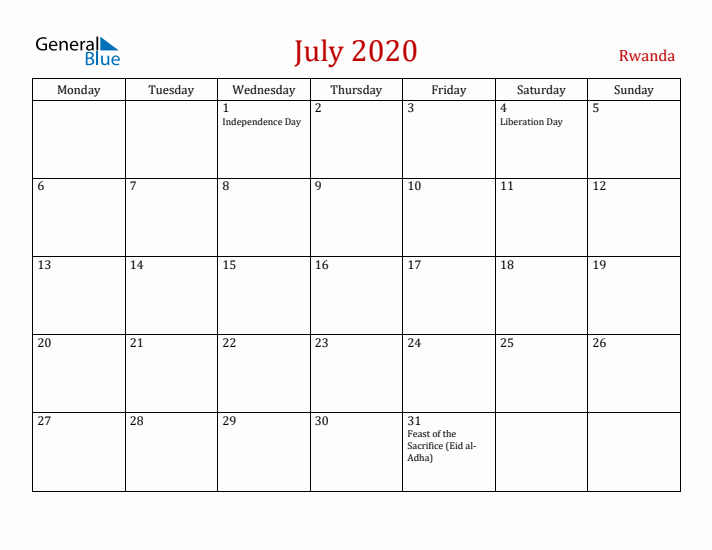 Rwanda July 2020 Calendar - Monday Start
