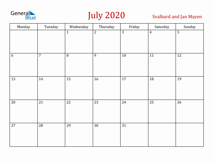 Svalbard and Jan Mayen July 2020 Calendar - Monday Start