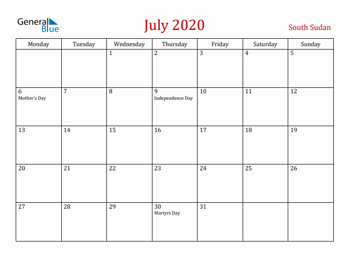 South Sudan July 2020 Calendar - Monday Start