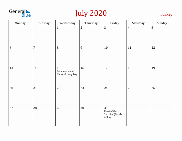 Turkey July 2020 Calendar - Monday Start
