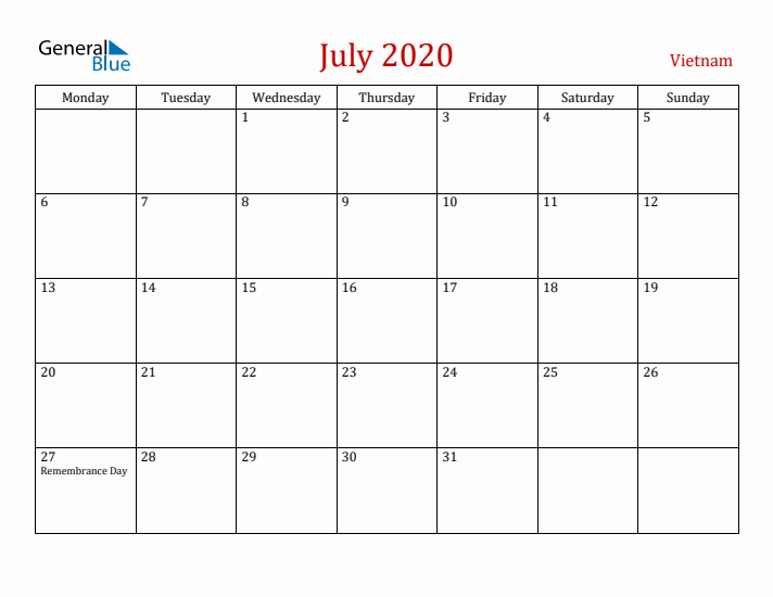 Vietnam July 2020 Calendar - Monday Start