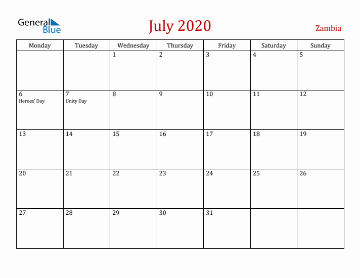 Zambia July 2020 Calendar - Monday Start