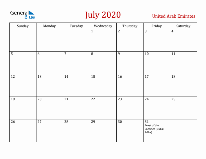 United Arab Emirates July 2020 Calendar - Sunday Start