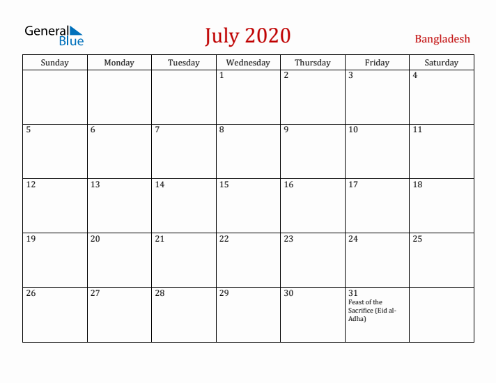 Bangladesh July 2020 Calendar - Sunday Start