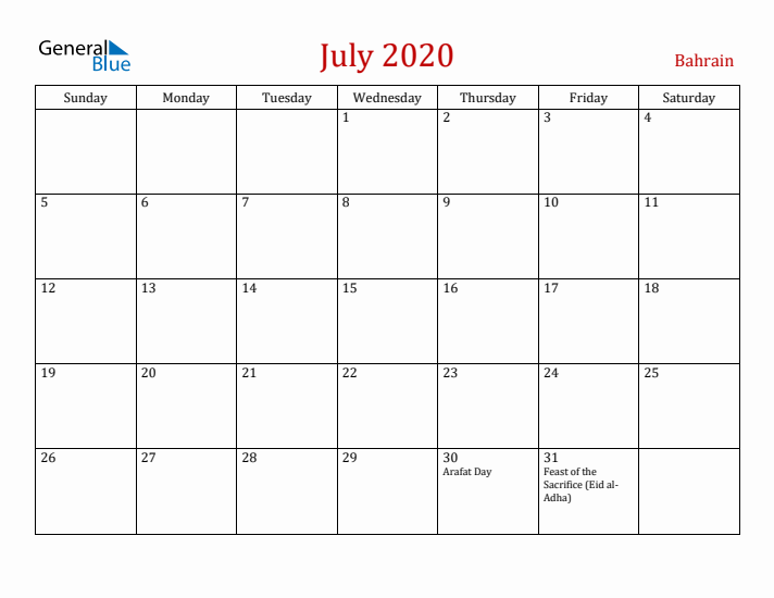 Bahrain July 2020 Calendar - Sunday Start