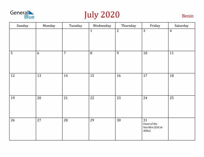 Benin July 2020 Calendar - Sunday Start